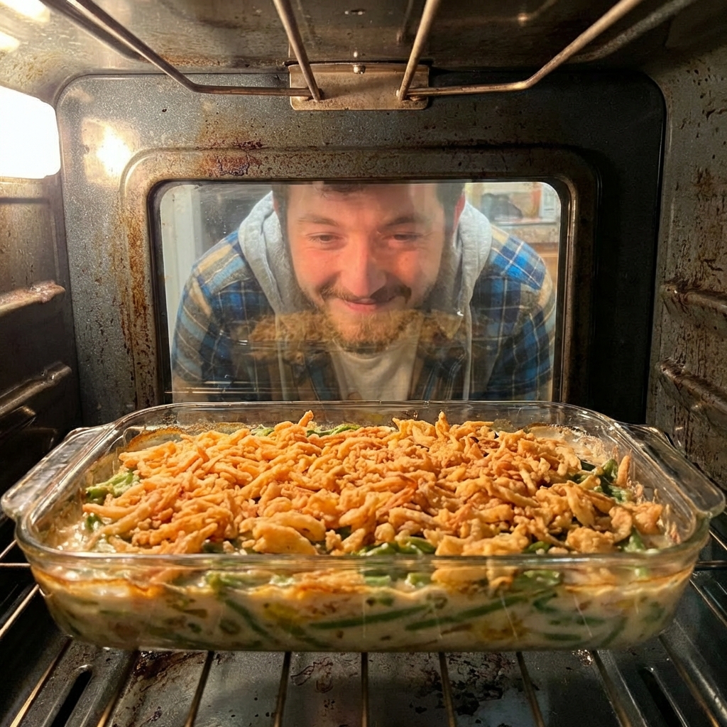 A green bean casserole baking in the oven with a golden crispy onion topping