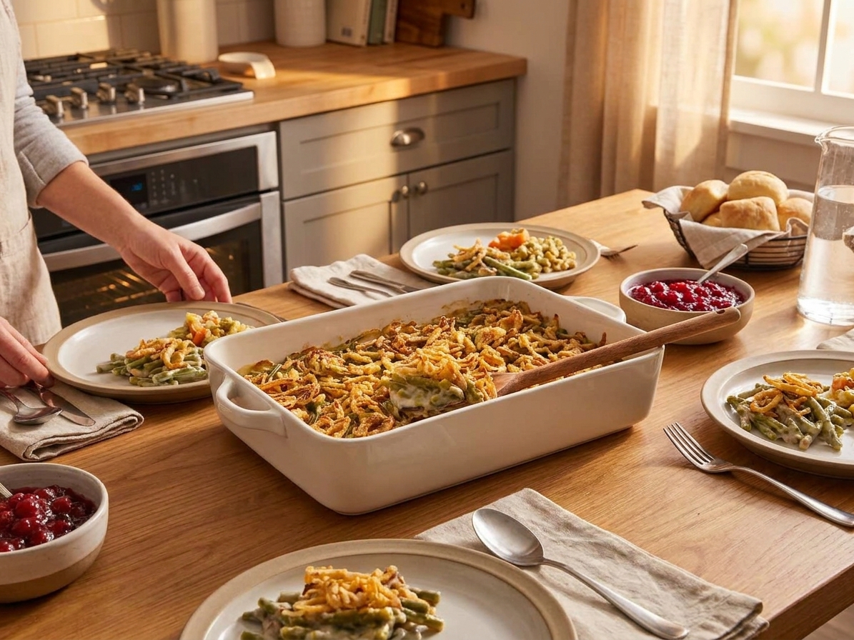 A green bean casserole in its baking dish placed in the center of a simple family dinner table with plates, utensils, and warm evening light