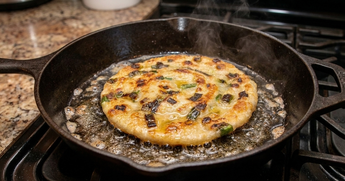 A green onion pancake sizzling in a skillet with bubbling oil, edges turning golden brown