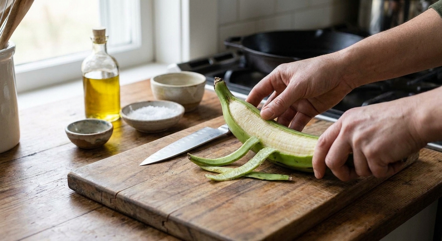 A green plantain being peeled on a wooden cutting board with a chef’s knife nearby