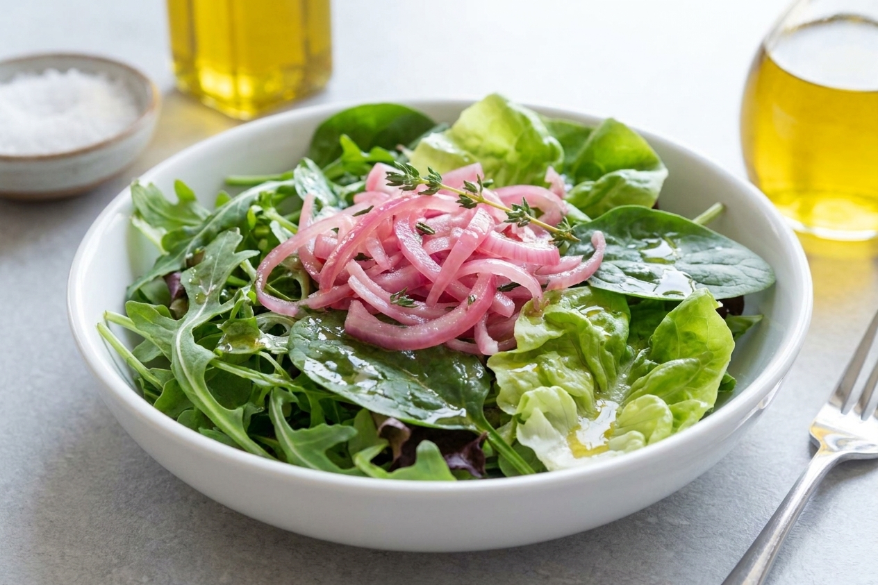 A green salad in a bowl topped with quick pickled shallots and a simple vinaigrette sheen