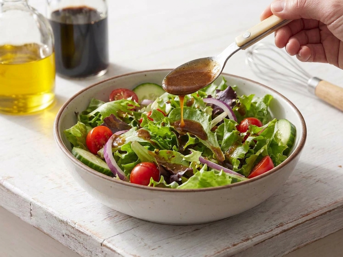 A green salad in a serving bowl with balsamic vinaigrette drizzled over the top, on a bright kitchen table setting