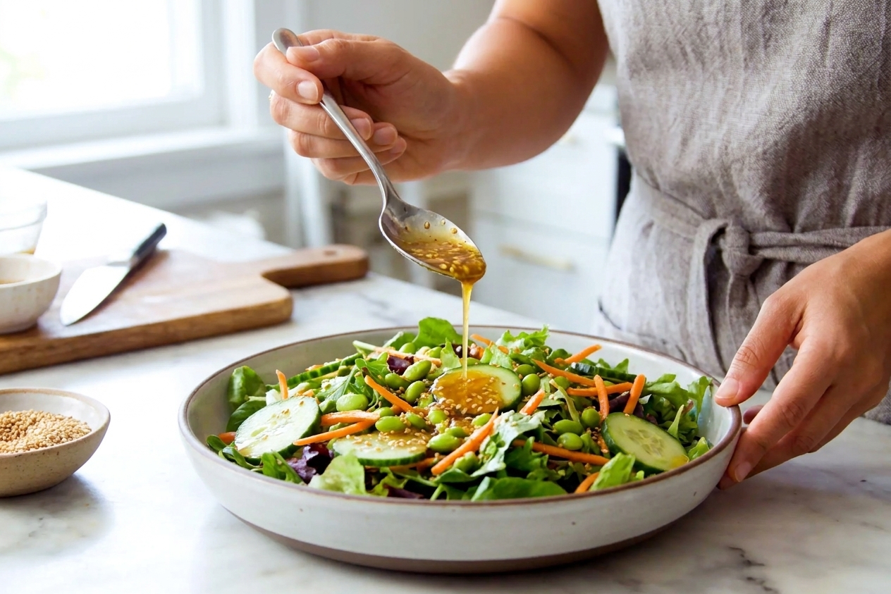 A green salad in a wide bowl as sesame ginger dressing is being drizzled over the top with a spoon, bright kitchen lighting