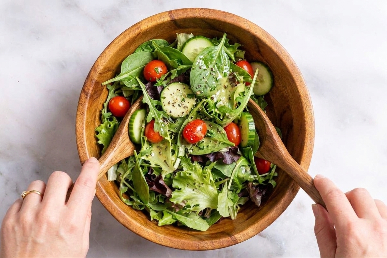 A green salad lightly coated in lemon vinaigrette with visible pepper and herbs