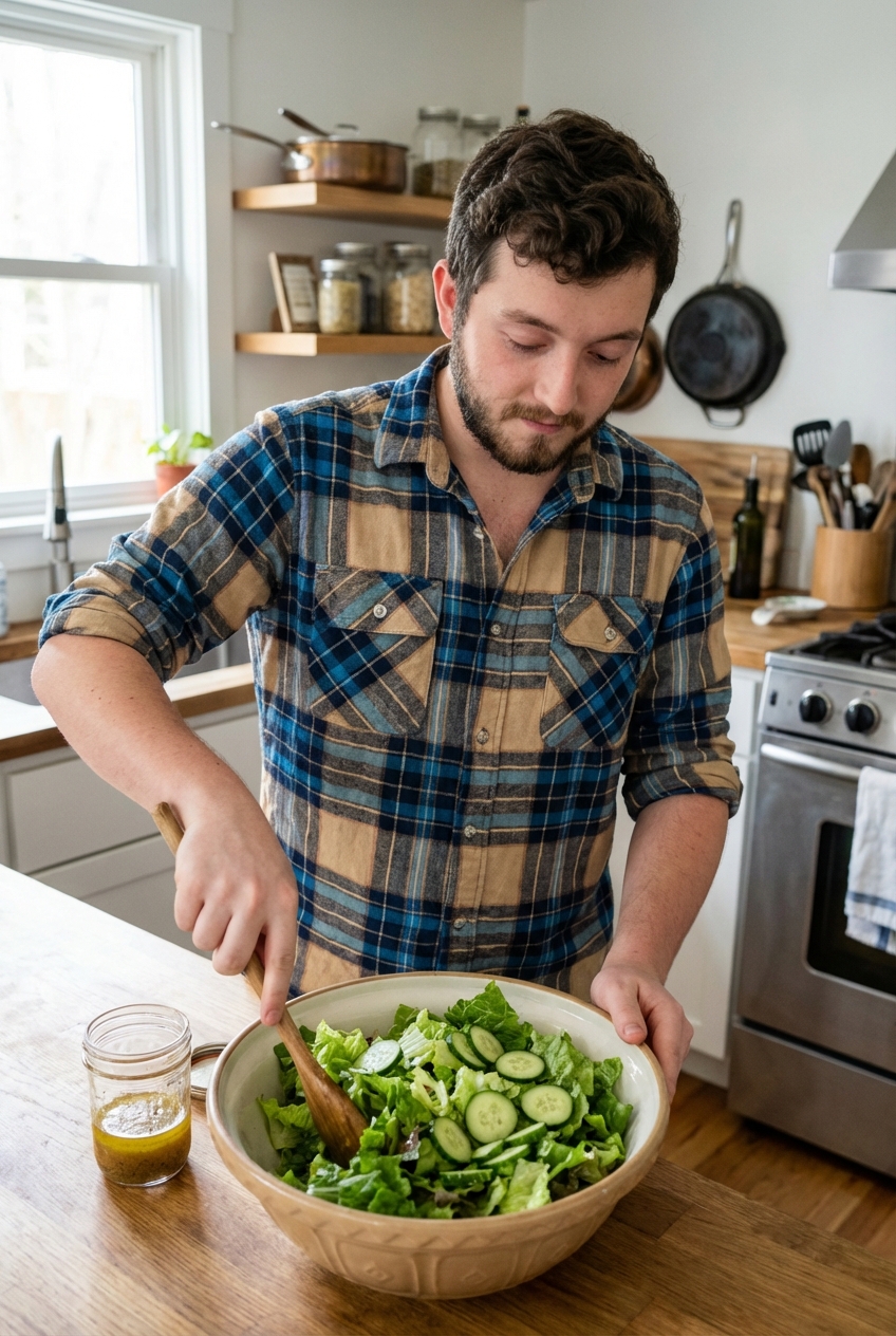 A green salad with cucumbers and a simple vinaigrette in a large bowl
