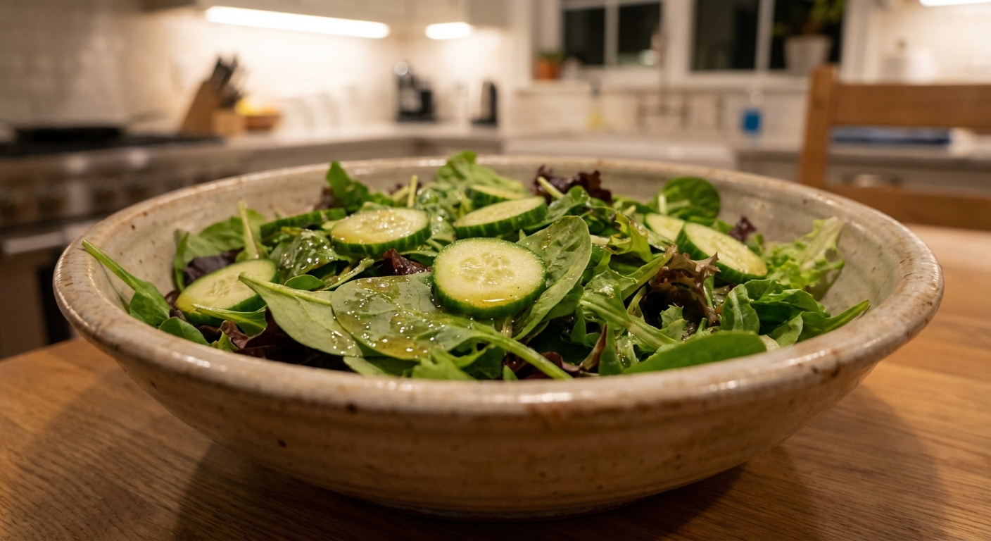 A green salad with cucumbers and a simple vinaigrette in a large bowl