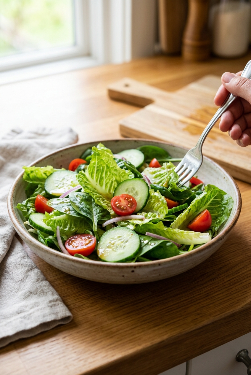 A green salad with cucumbers and tomatoes in a bowl
