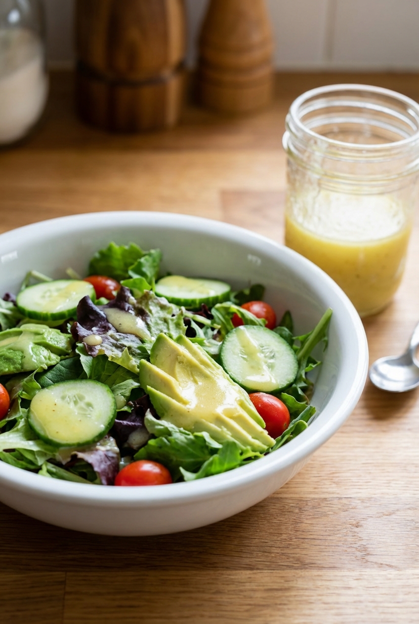 A green salad with lemon vinaigrette in a white bowl