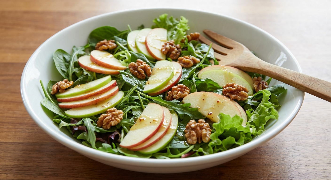 A green salad with sliced apples and toasted walnuts in a white bowl
