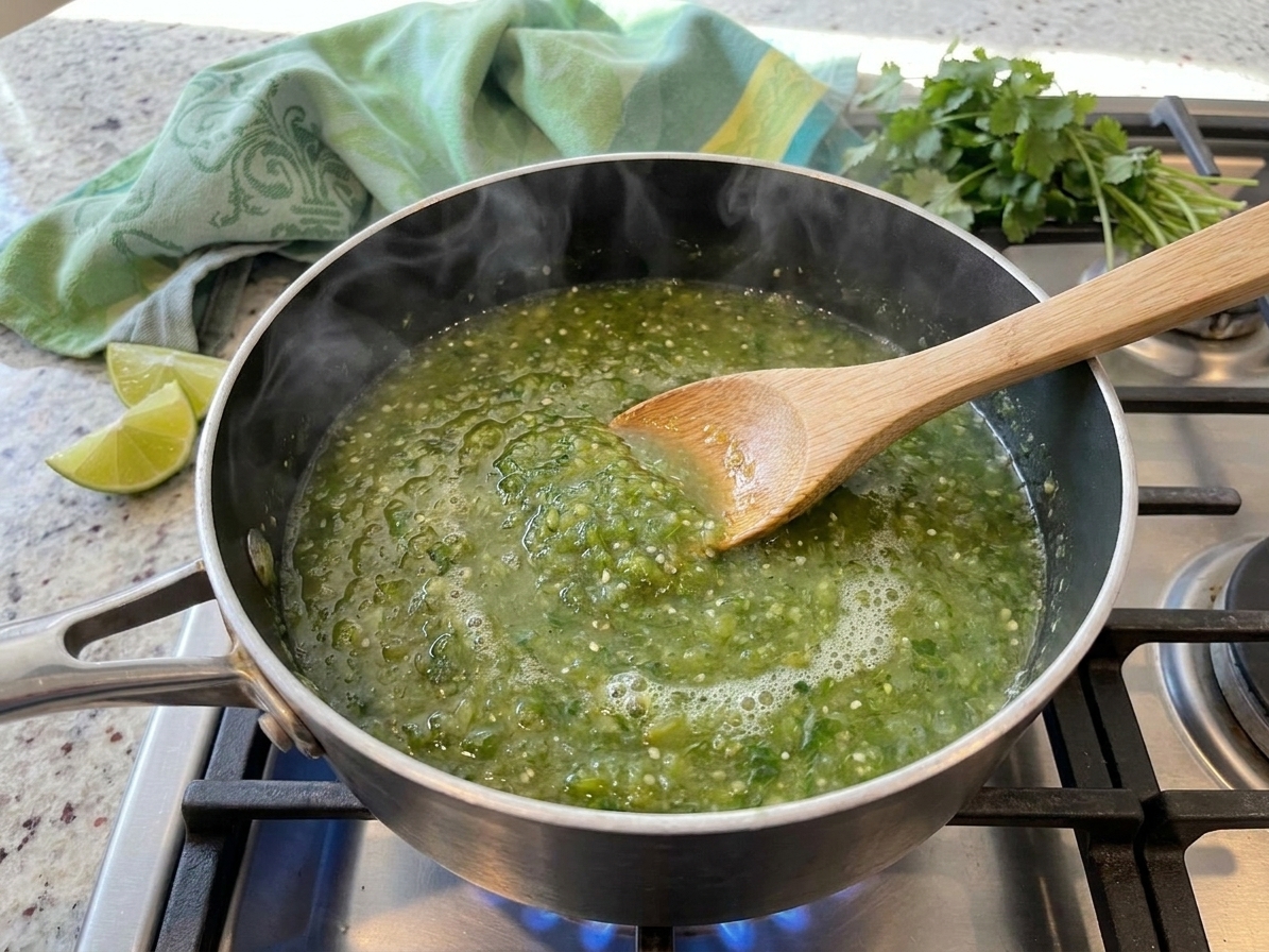 A green tomatillo sauce simmering in a saucepan on a stovetop with a wooden spoon resting inside