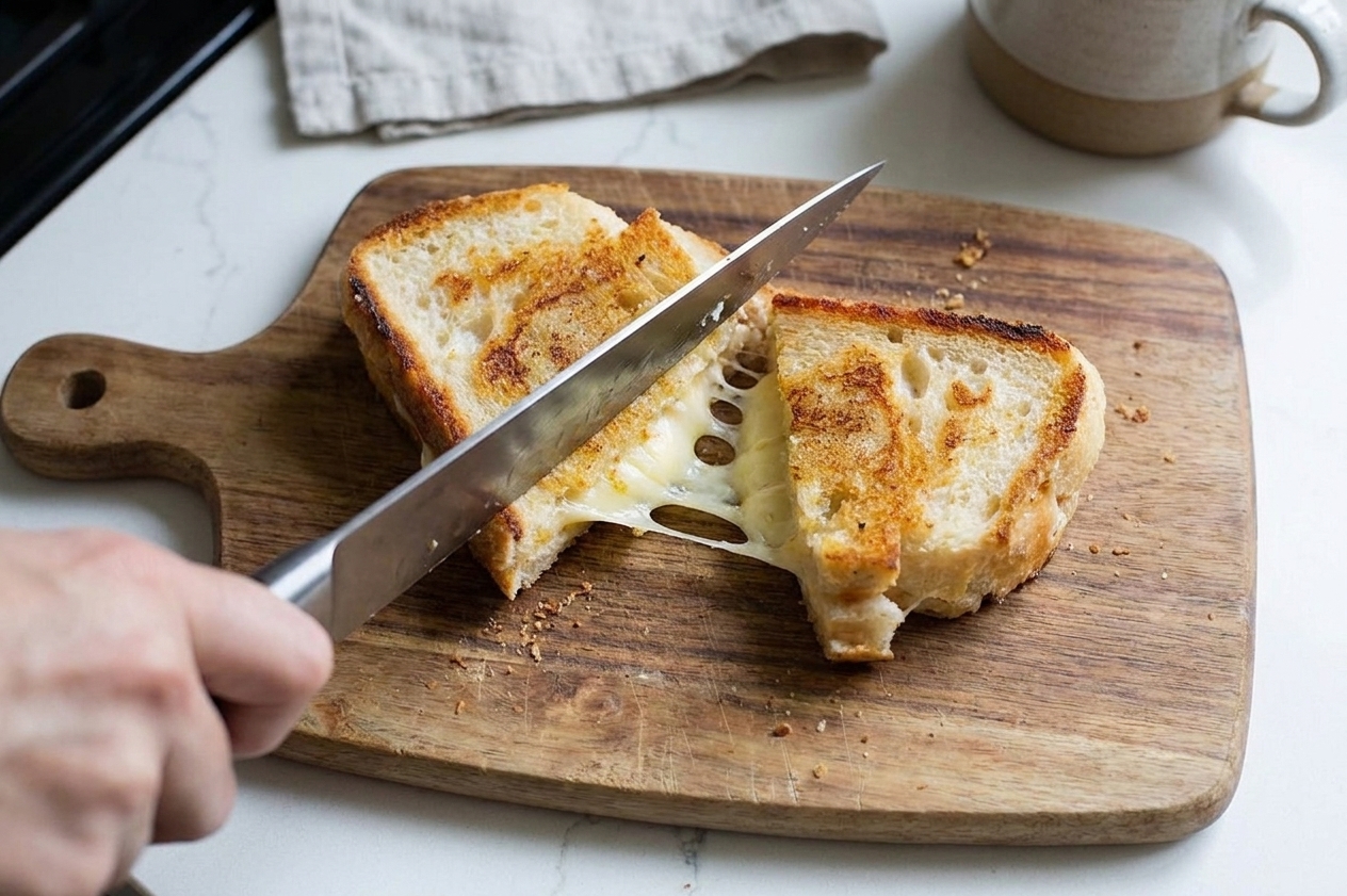 A grilled cheese sandwich being sliced on a wooden cutting board, with melted cheese stretching slightly between the halves