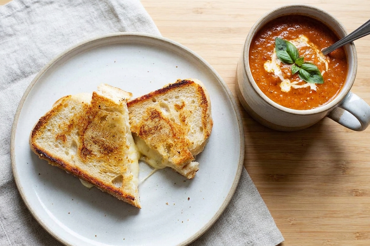 A grilled cheese sandwich cut diagonally on a plate next to a mug of tomato soup on a simple kitchen table