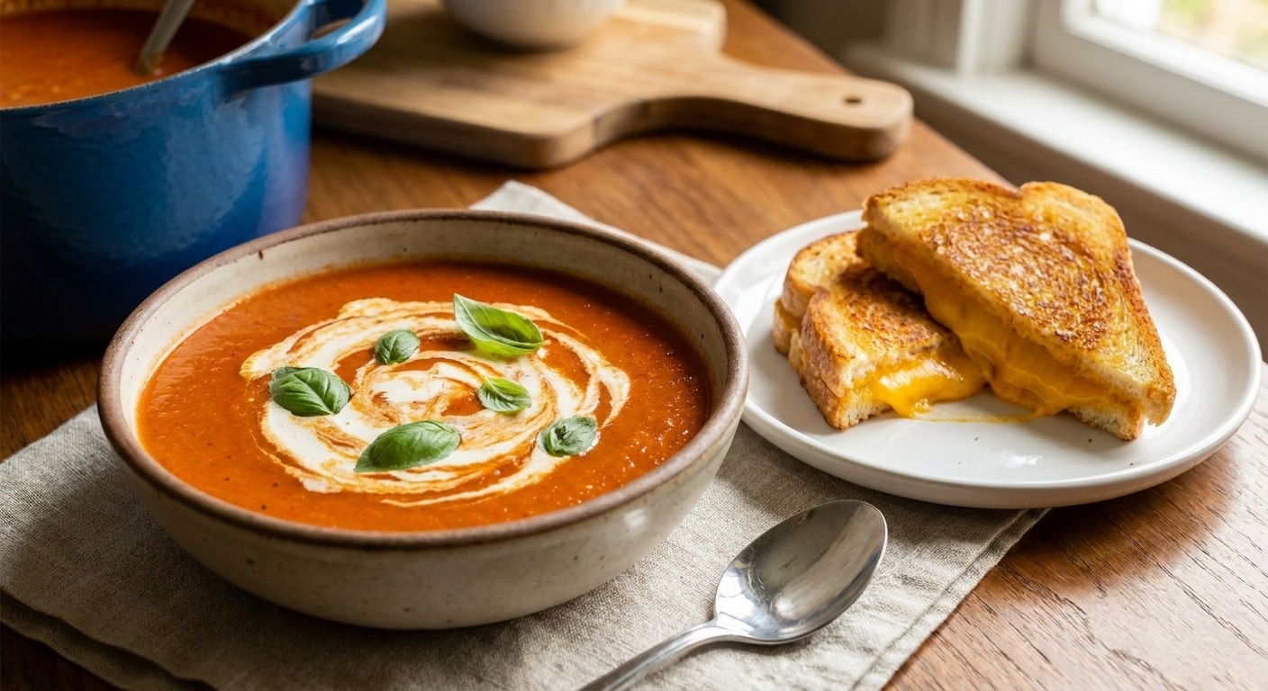 A grilled cheese sandwich cut in half on a plate next to a bowl of tomato bisque on a kitchen table