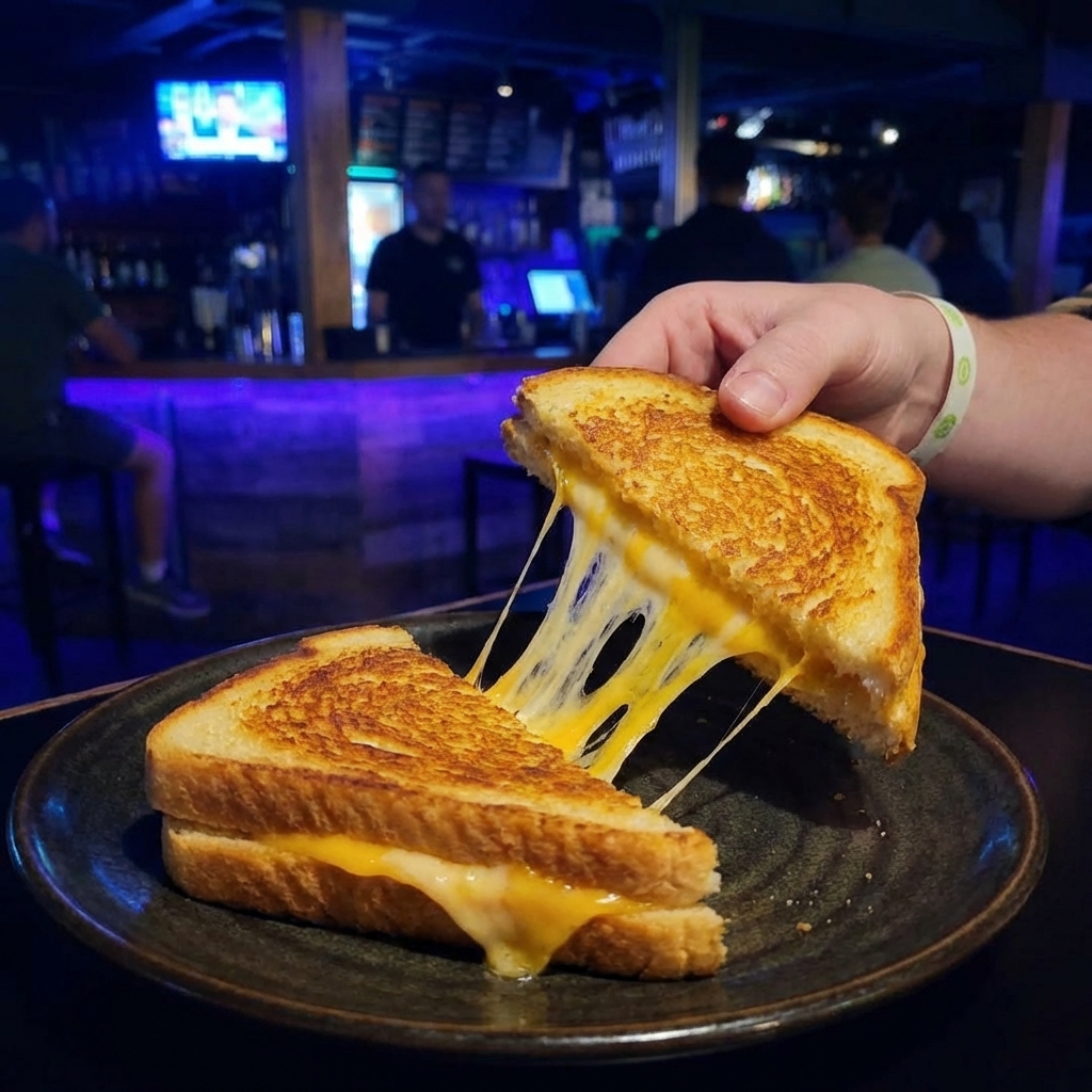 A grilled cheese sandwich cut in half with melted cheese pull