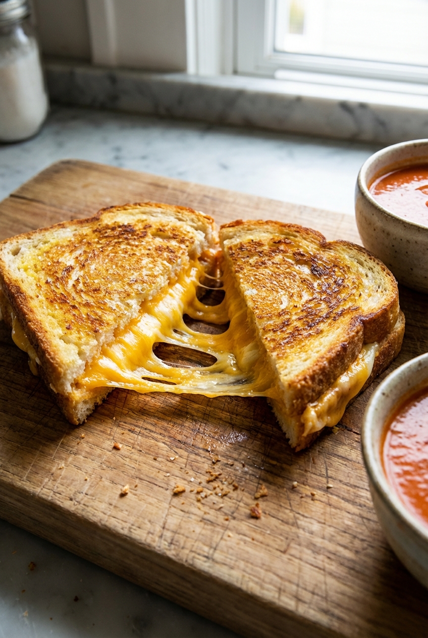 A grilled cheese sandwich cut in half with melted cheese stretching on a wooden board