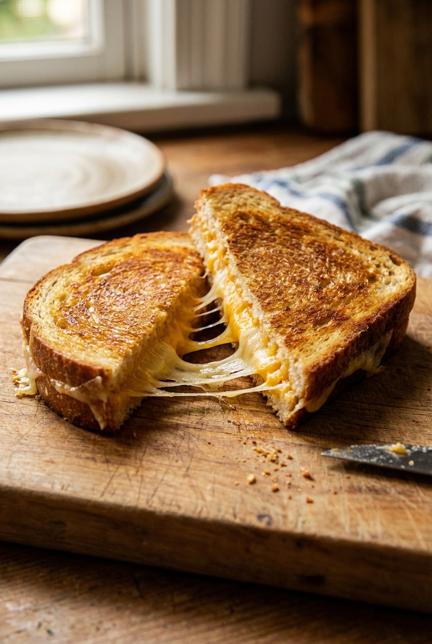 A grilled cheese sandwich cut in half with melted cheese stretching