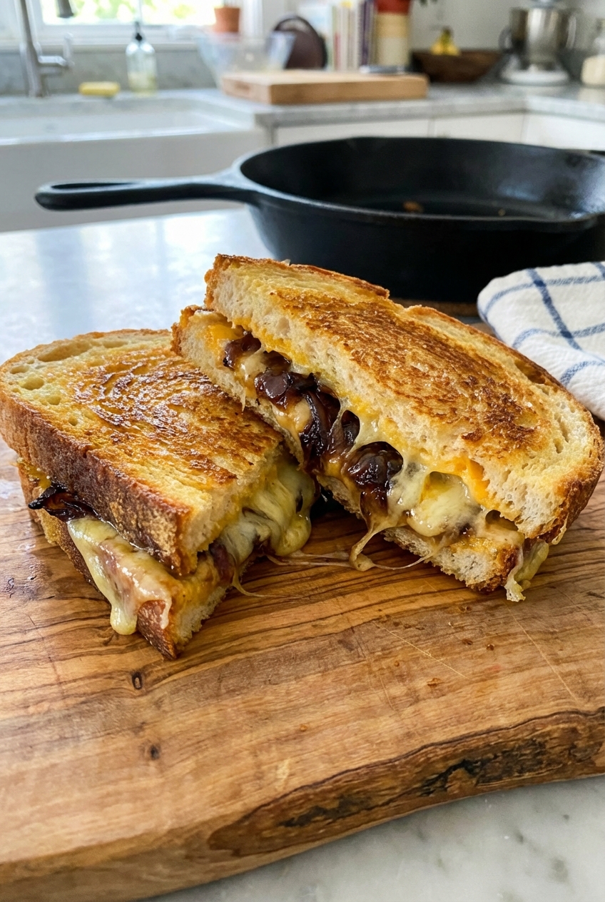 A grilled cheese sandwich cut in half with melted cheese and caramelized onions inside