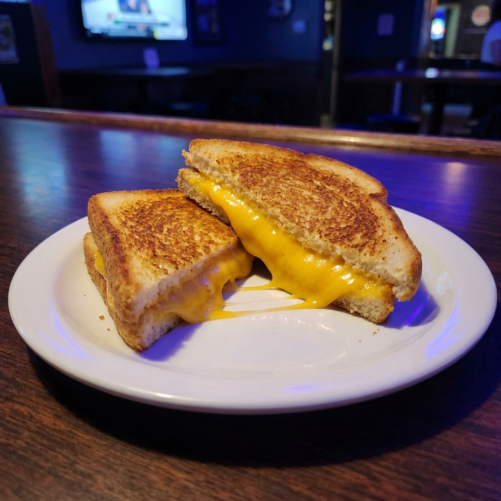 A grilled cheese sandwich cut in half with melted cheddar spilling out on a plate