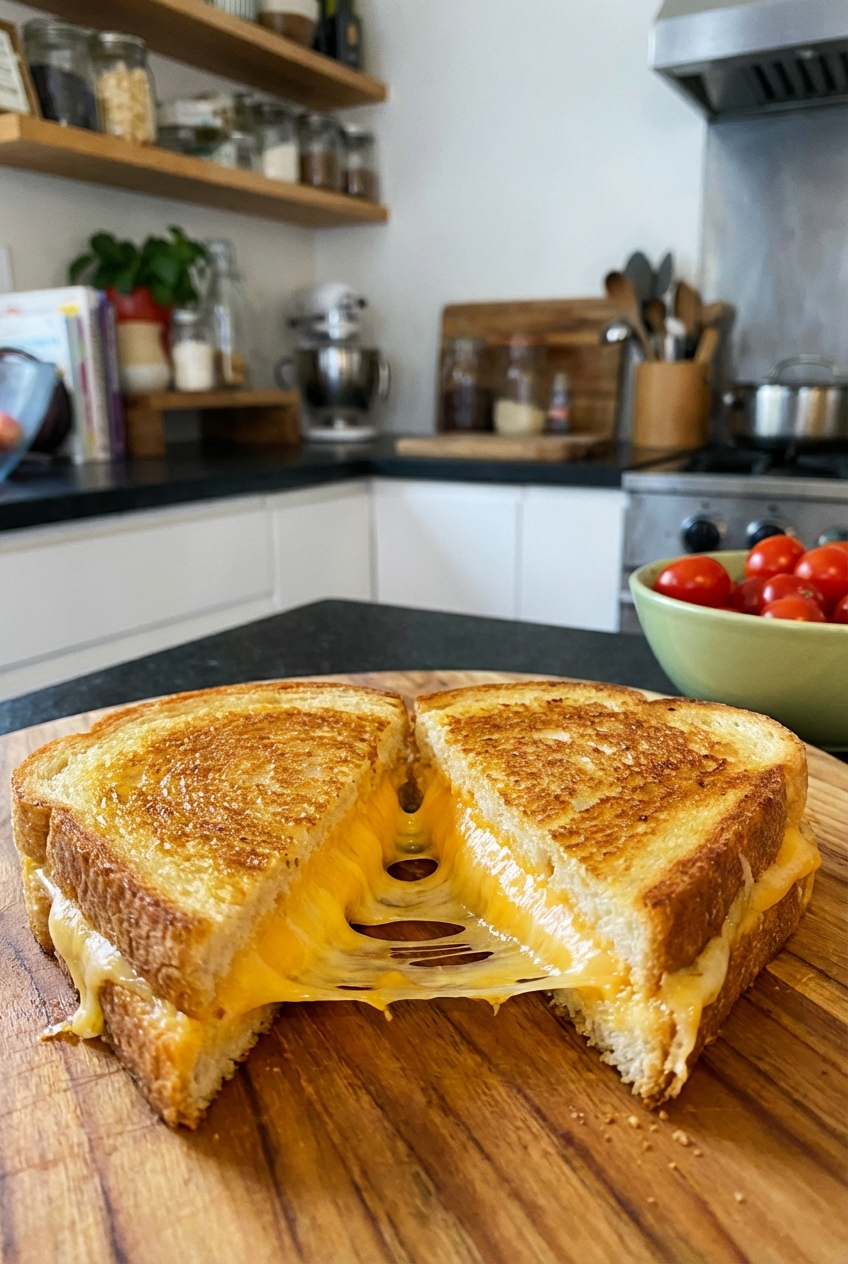 A grilled cheese sandwich cut in half with melted cheese stretching