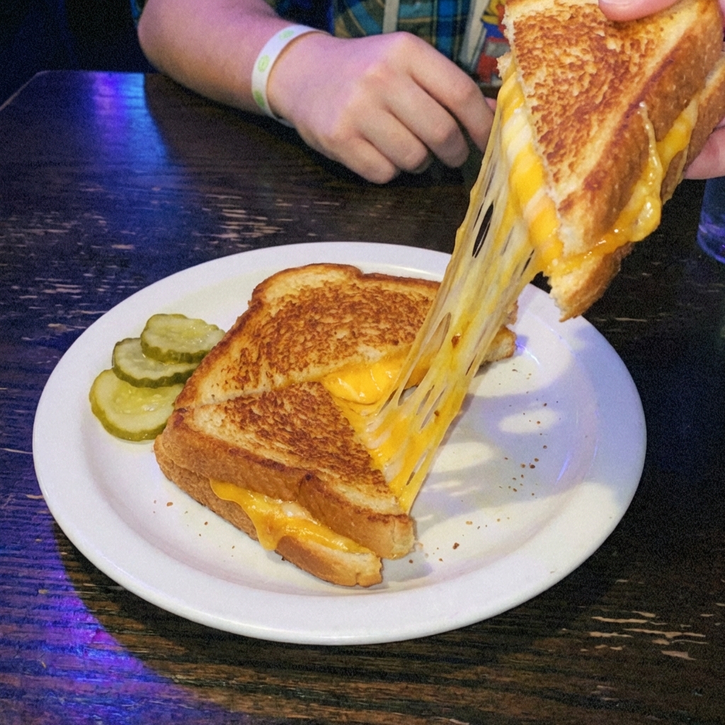 A grilled cheese sandwich cut in half with melted cheese stretching, on a plate