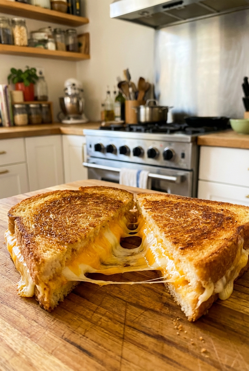 A grilled cheese sandwich cut in half with melted cheese stretching