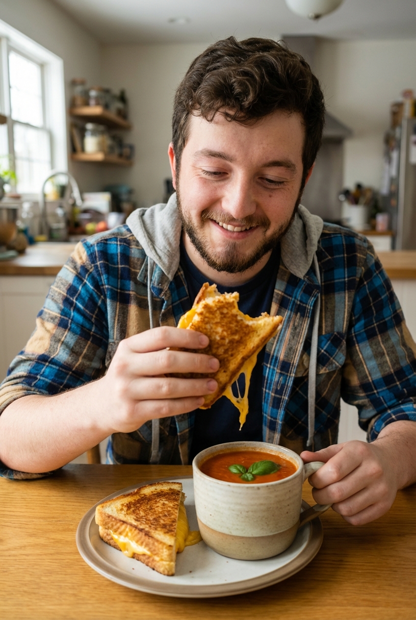 A grilled cheese sandwich cut in half with tomato soup in a mug