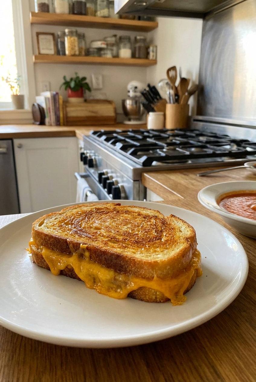 A grilled cheese sandwich on a plate with a golden crust