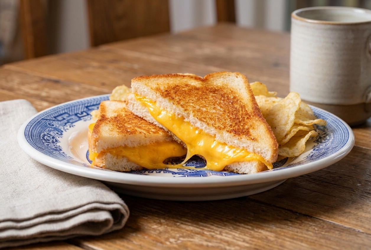 A grilled cheese sandwich sliced diagonally with melted cheese visible in the center, served on a simple plate on a dining table with a neutral table setting