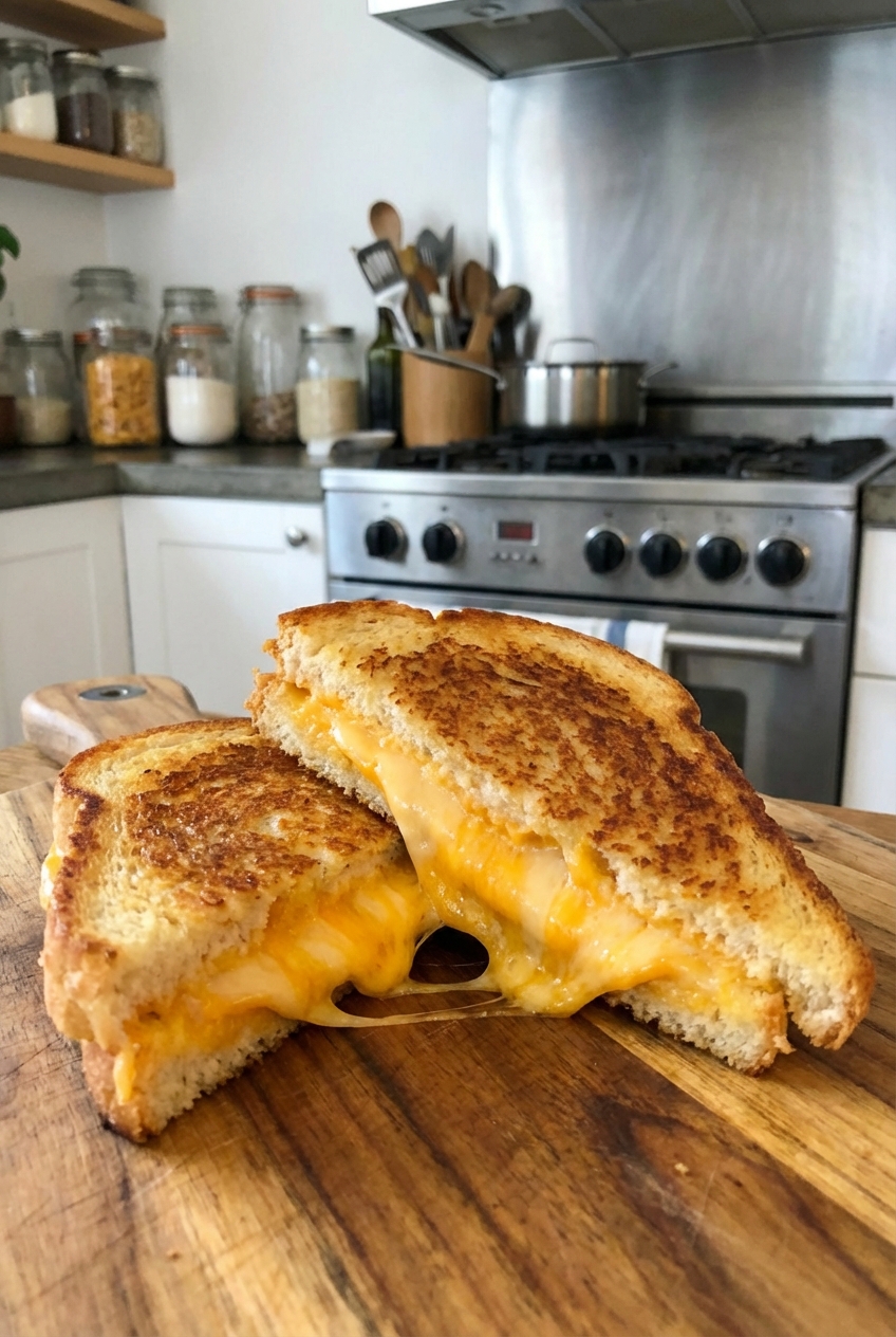 A grilled cheese sandwich sliced in half with melted cheese