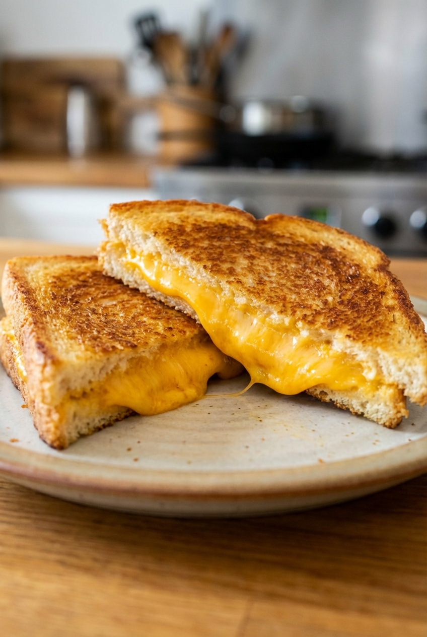 A grilled cheese sandwich sliced in half with melted cheddar on toasted bread on a plate