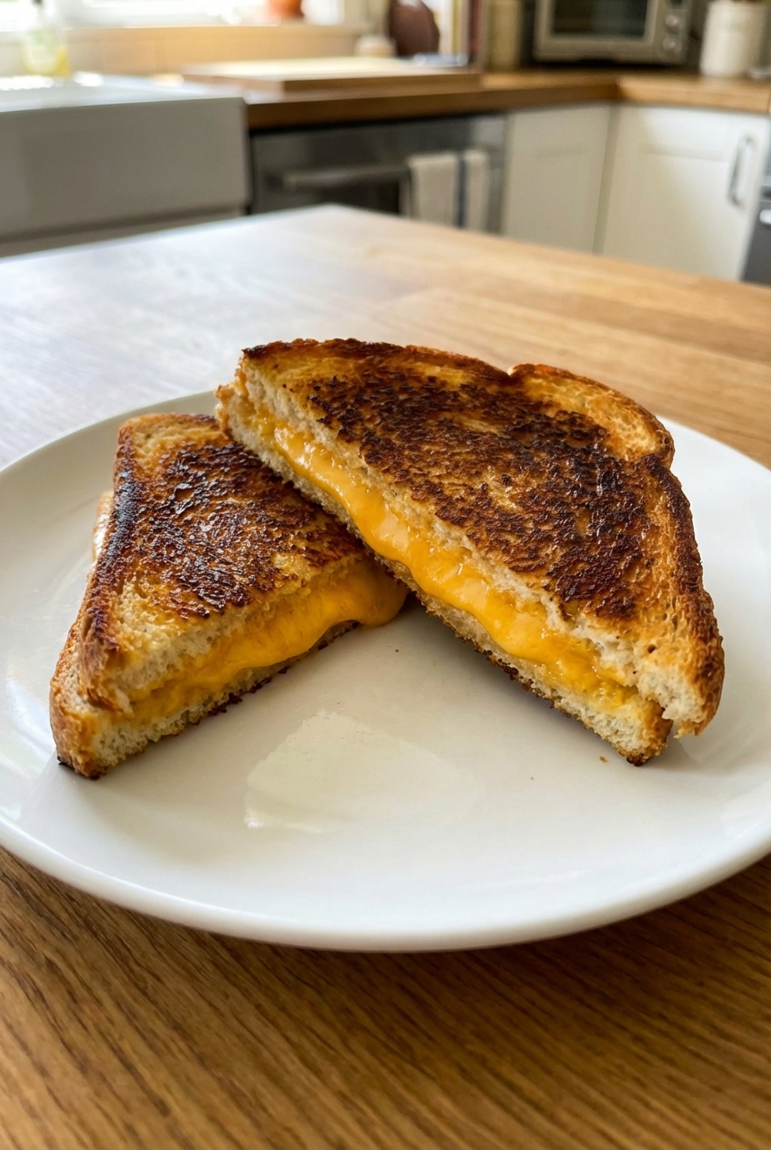 A grilled cheese sandwich with browned crust cut diagonally on a plate