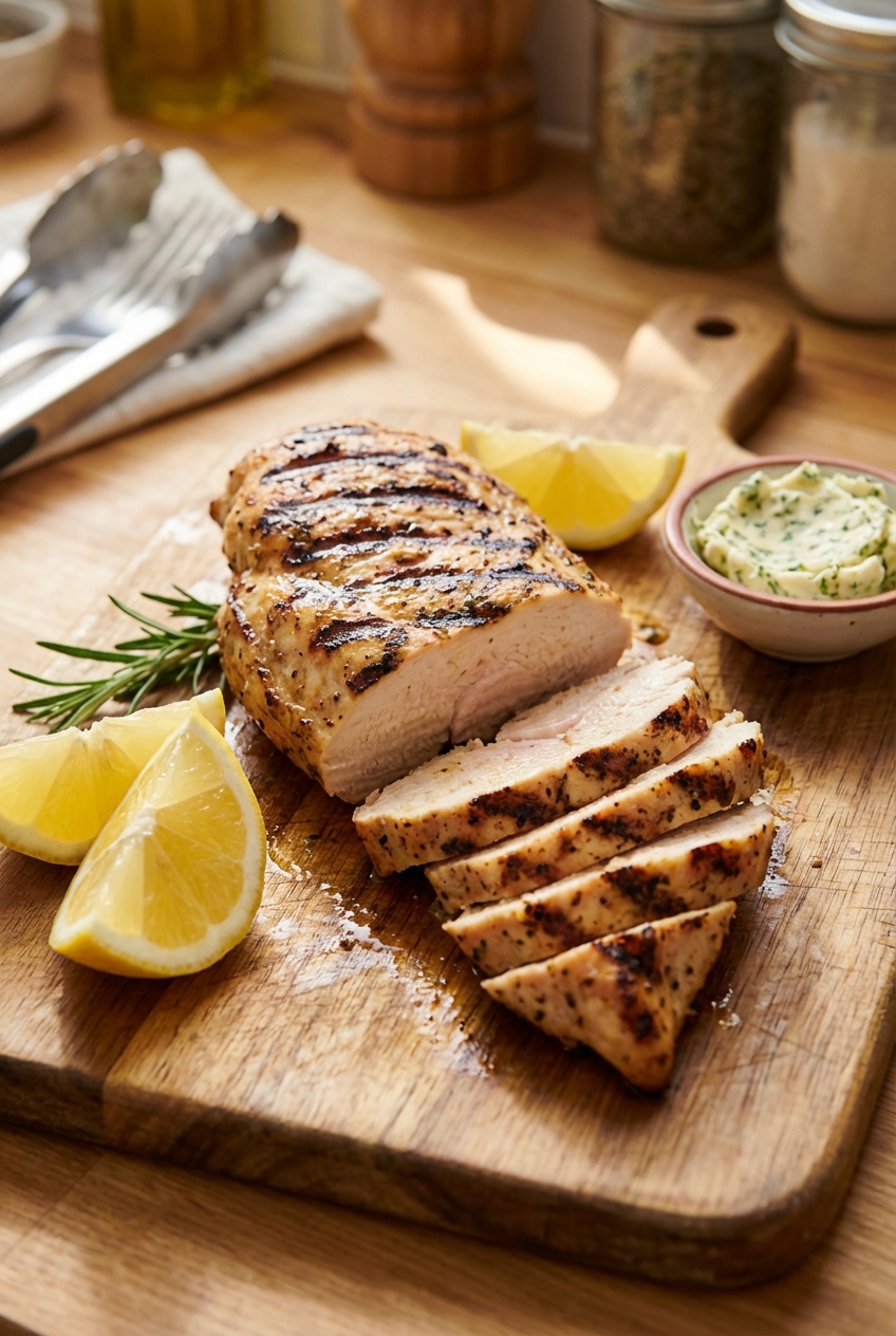 A grilled chicken breast sliced on a cutting board with lemon wedges