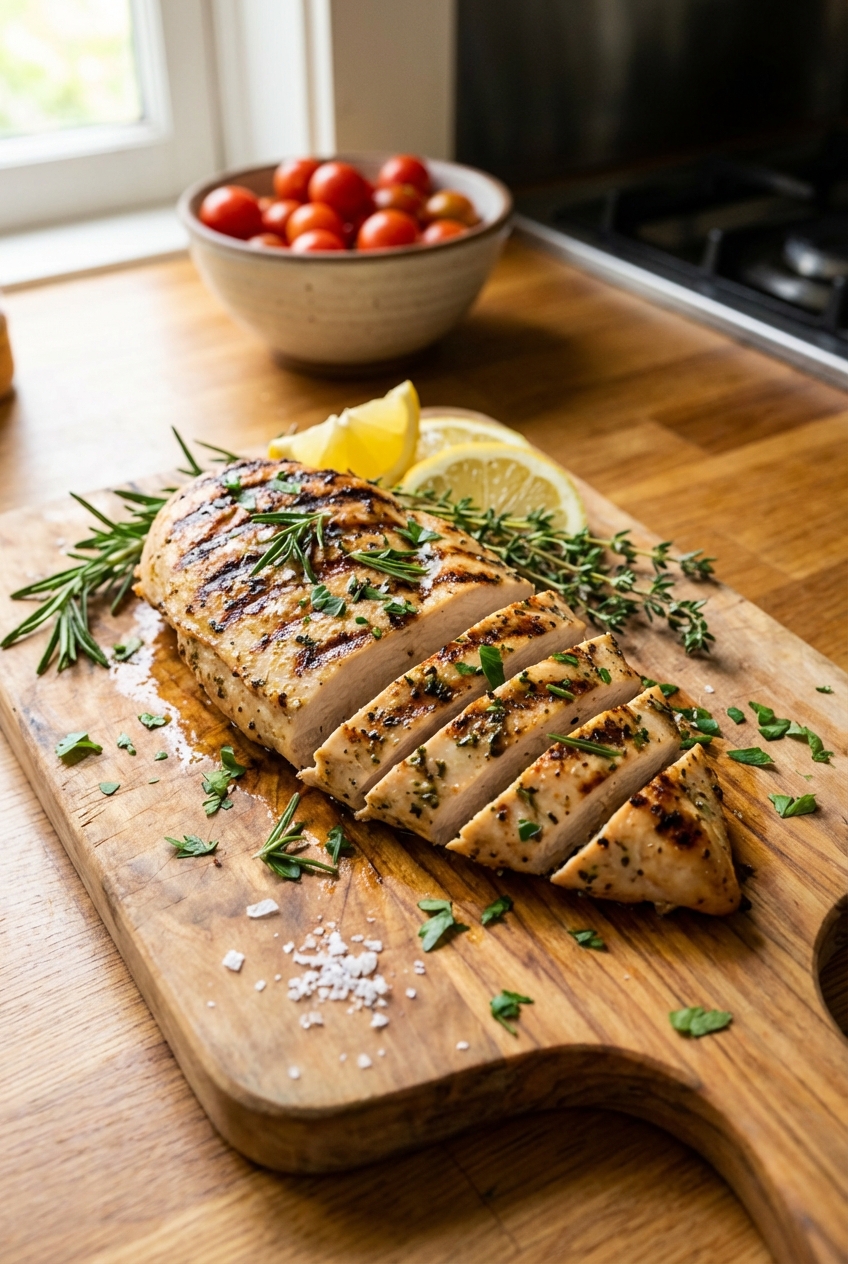 A grilled chicken breast sliced on a cutting board with herbs