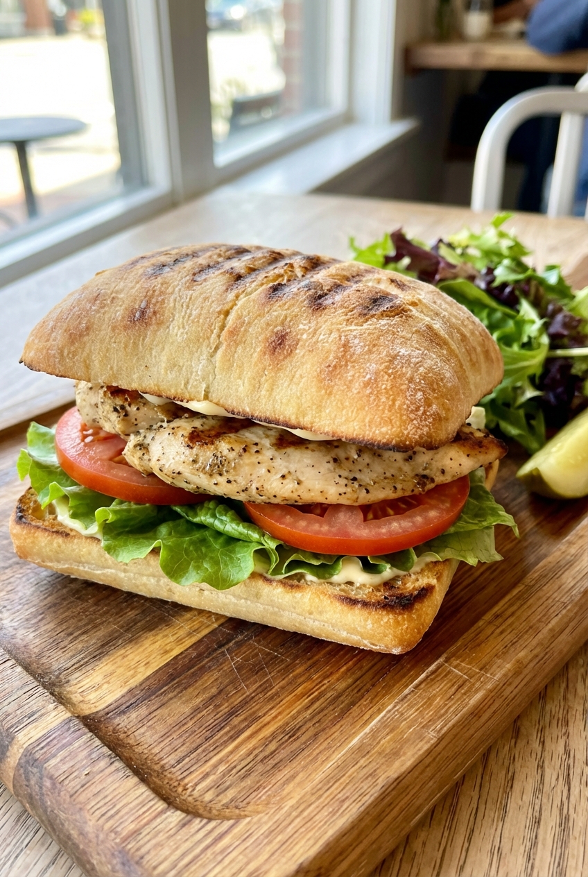 A grilled chicken sandwich on ciabatta with lettuce and sliced tomato