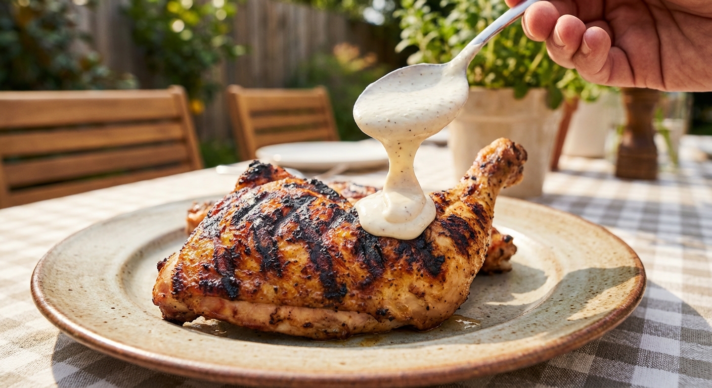 A grilled chicken thigh on a plate being drizzled with creamy white barbecue sauce from a spoon, with char marks visible and a blurred backyard table setting, photorealistic food photography