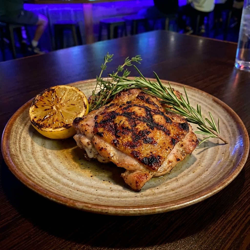 A grilled chicken thigh on a plate with lemon and herbs