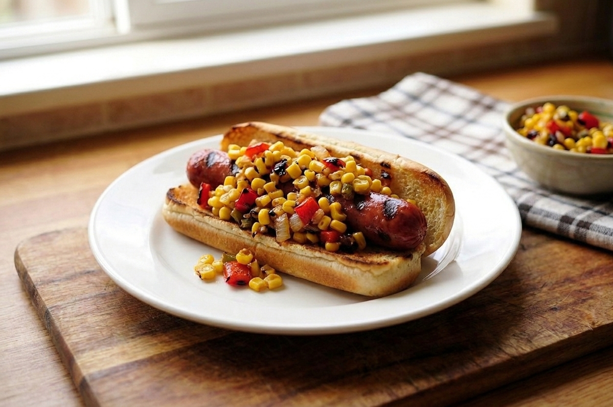 A grilled hot dog in a bun topped with a generous spoonful of sweet corn relish on a simple plate
