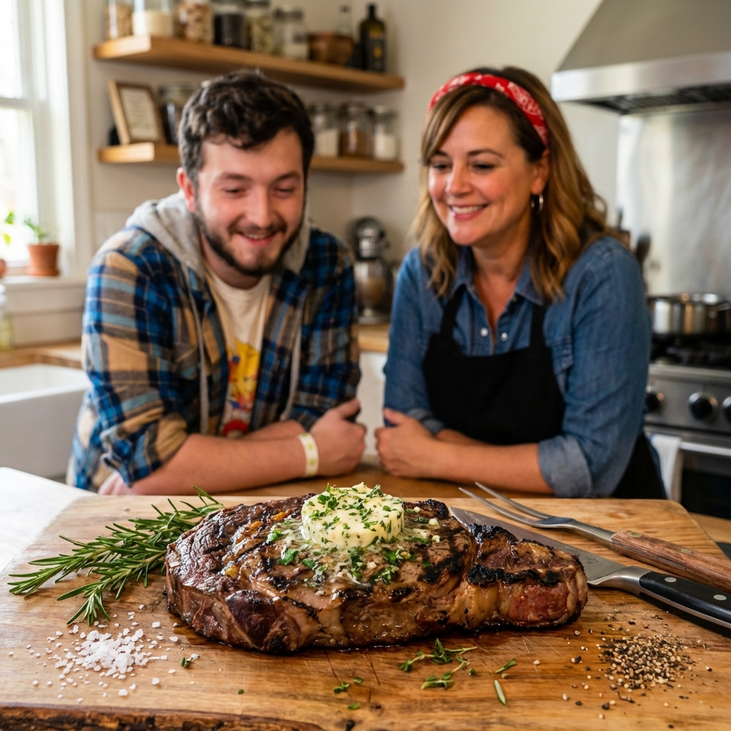 A grilled ribeye steak on a cutting board with herb butter