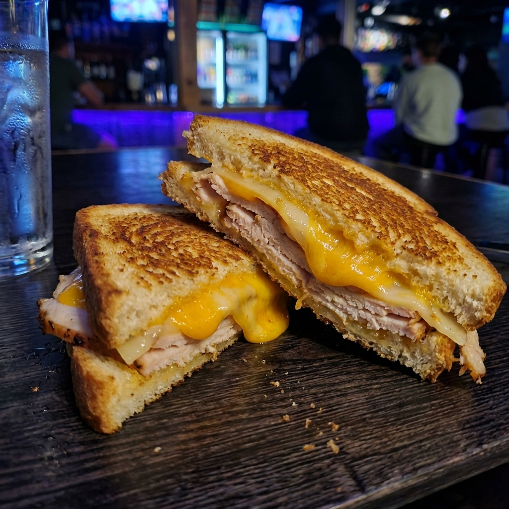 A grilled turkey and cheese sandwich cut in half with melted cheese
