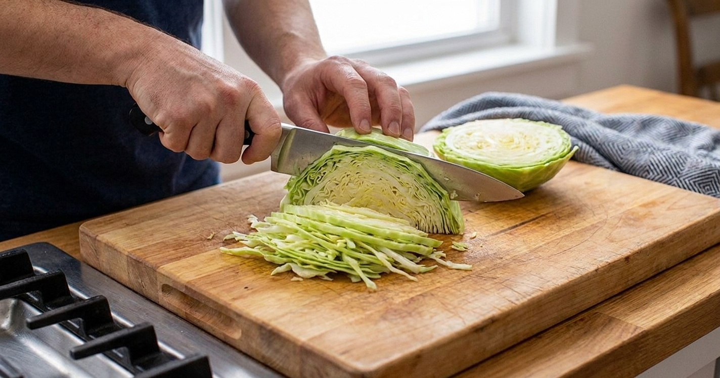A half head of green cabbage being thinly sliced on a wooden cutting board with a chef’s knife, kitchen counter in the background
