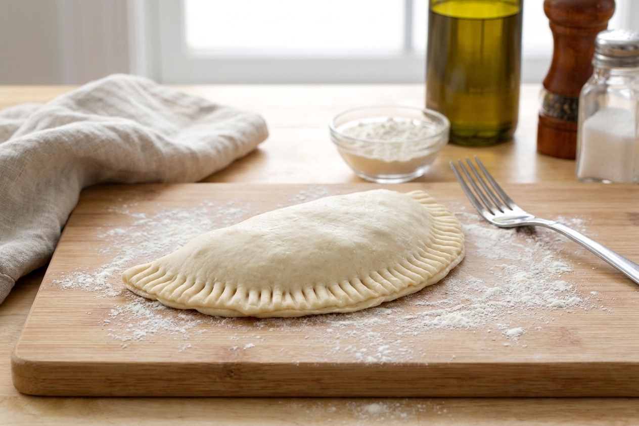 A half-moon pizzoli with its edge sealed and crimped with a fork on a floured wooden cutting board