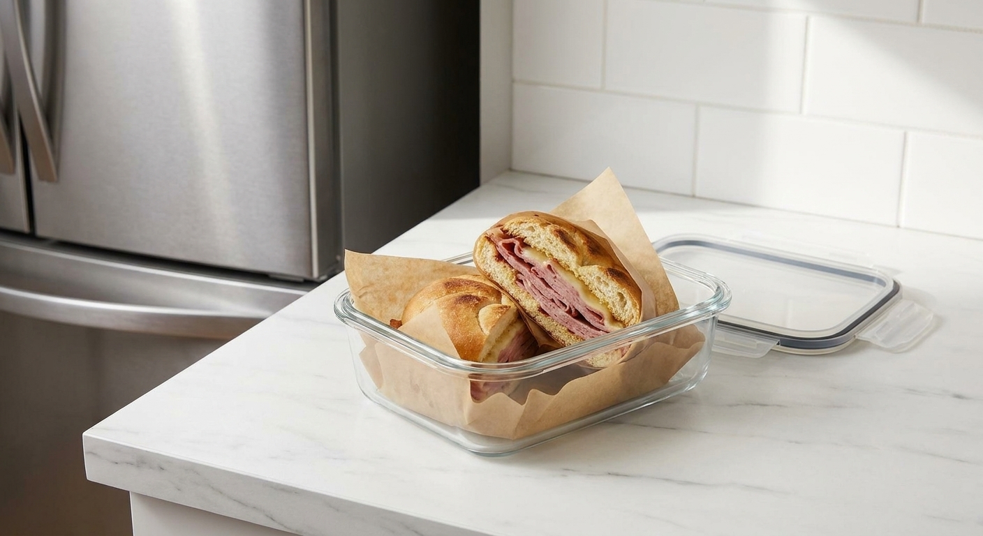 A half sandwich wrapped in parchment and placed in a reusable container on a kitchen counter near the refrigerator