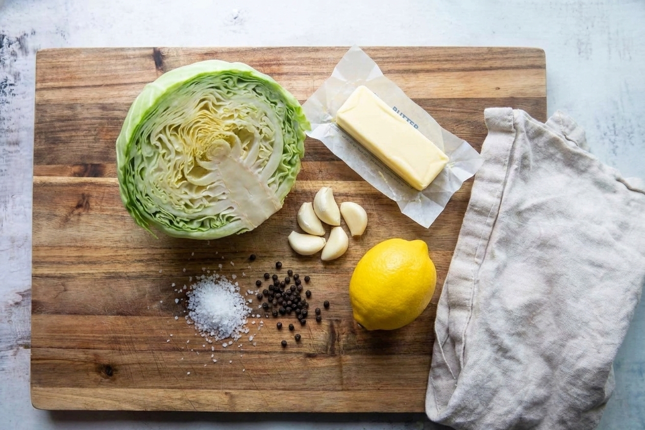 A halved green cabbage, a stick of butter, peeled garlic cloves, a lemon, salt, and black pepper arranged on a light kitchen counter