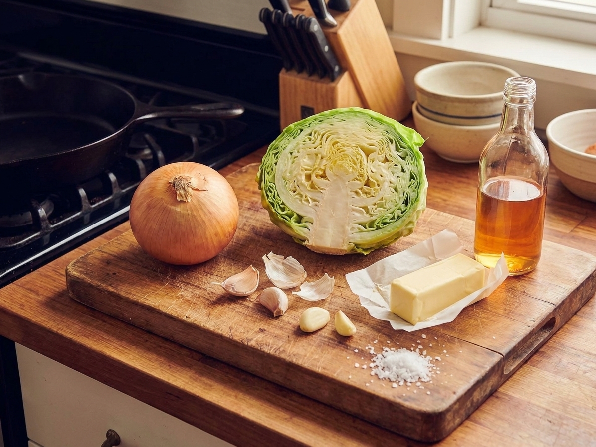 A halved green cabbage, a yellow onion, garlic cloves, butter, salt, and vinegar arranged on a wooden cutting board on a home kitchen counter