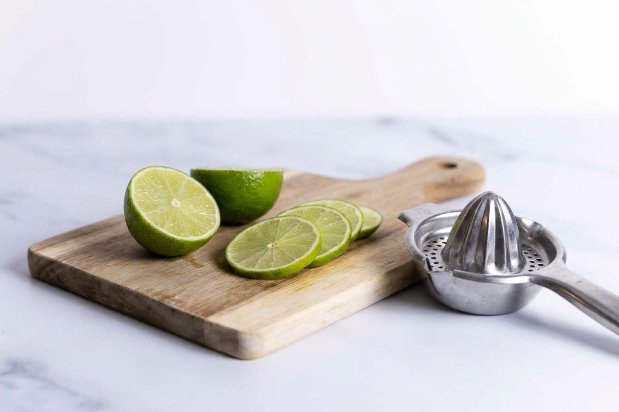 A halved lime and lime wheel slices on a wooden cutting board beside a small citrus juicer on a kitchen counter