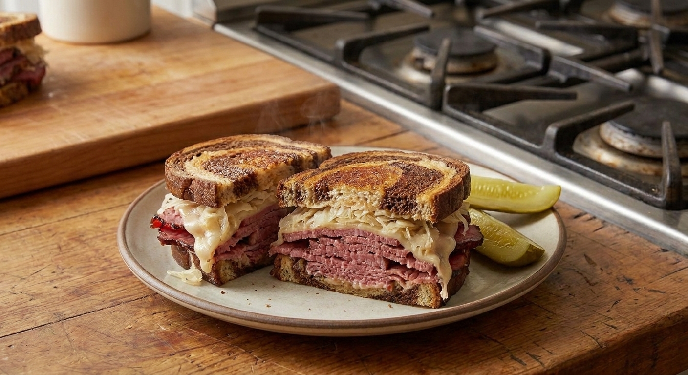 A halved pastrami sandwich on toasted rye served on a plate with dill pickle spears beside it on a kitchen table