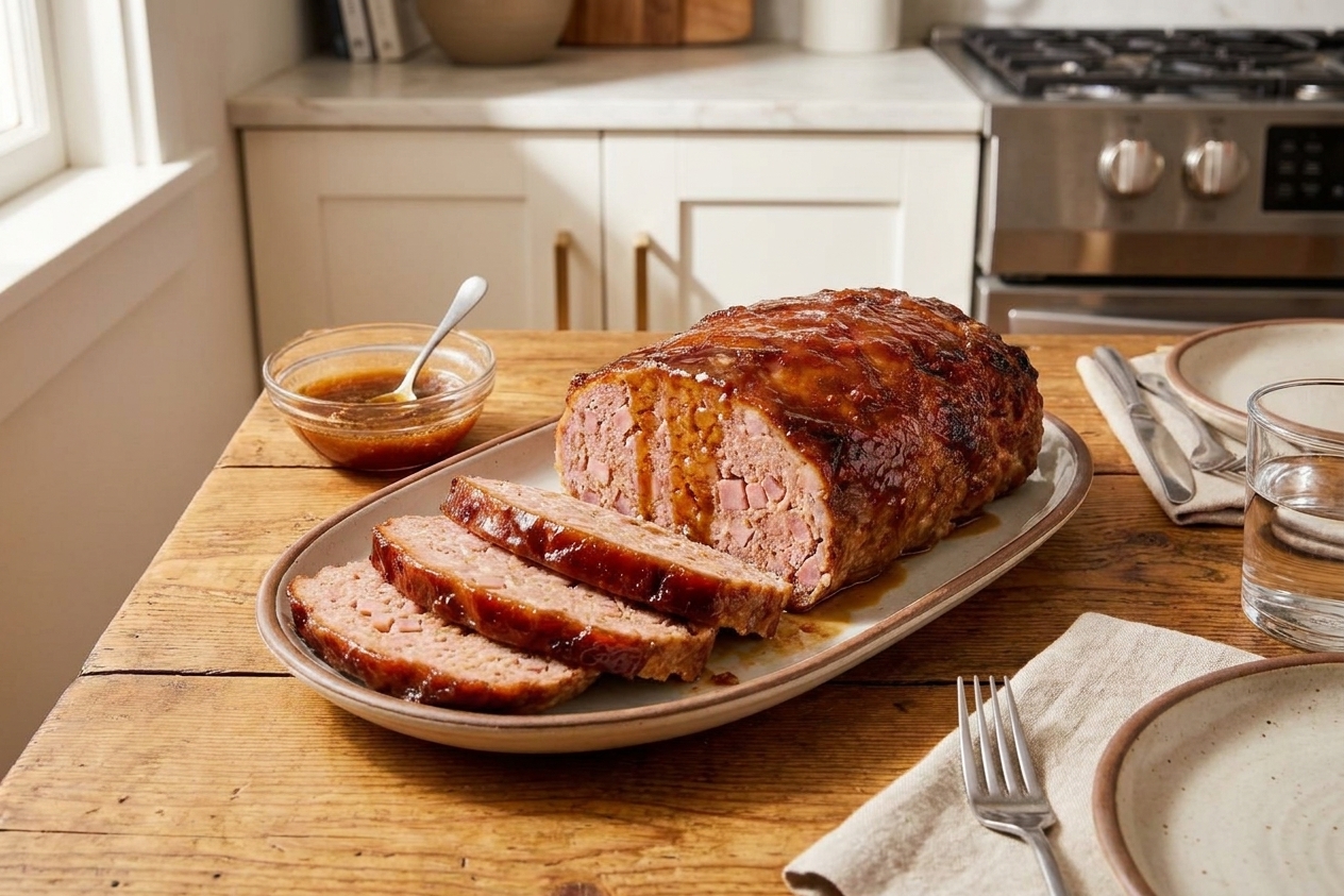 A ham loaf sliced into thick pieces on a serving platter with a glossy glaze and a simple dinner table setting in warm light