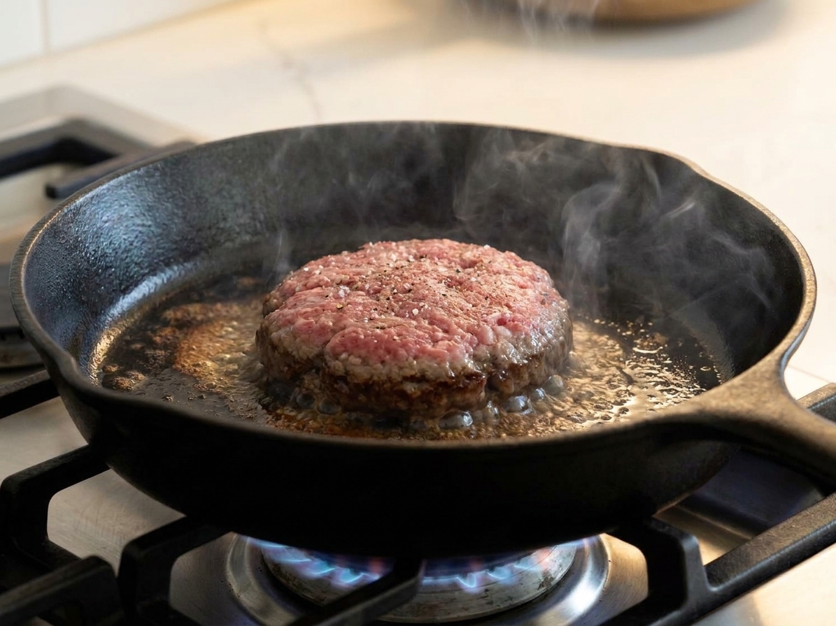 A hamburger patty mid-sear in a cast iron skillet with deep brown crust forming around the edges and sizzling fat bubbling