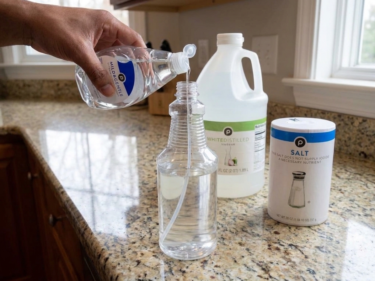 A hand adding a small amount of dish soap into a clear spray bottle filled with vinegar solution on a kitchen counter