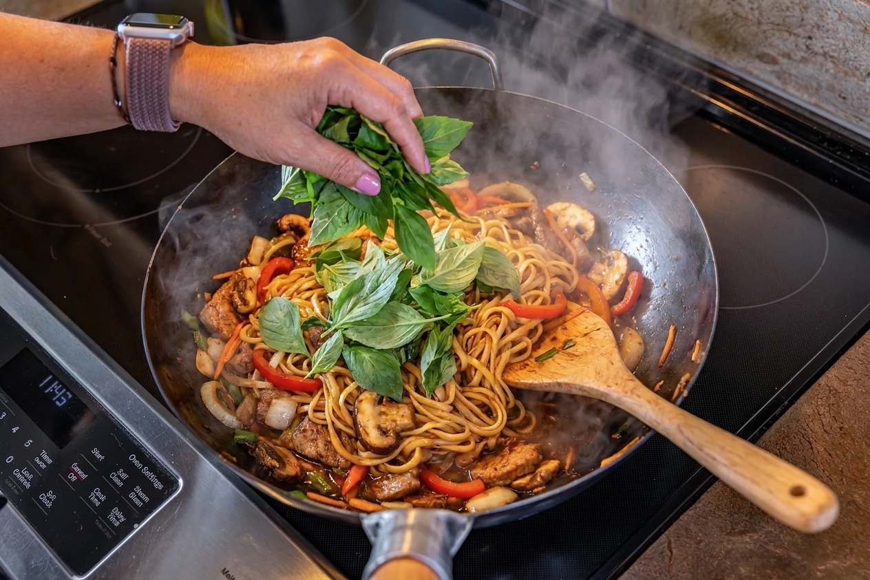 A hand adding fresh Thai basil leaves into a hot pan of pad kee mao noodles right before tossing